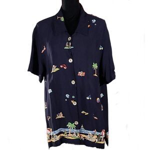 David Dart Navy Women's Short Sleeve Sea Shell Button at the Beach Top Size XL